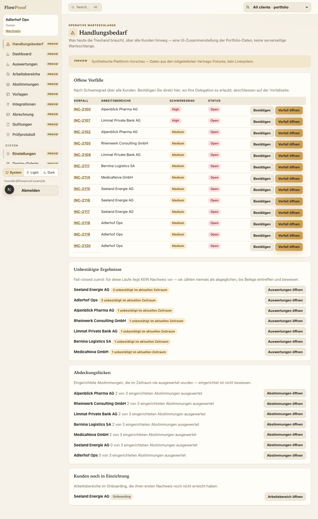 The attention queue in German: severity-ranked incidents, unverified outcomes, coverage gaps